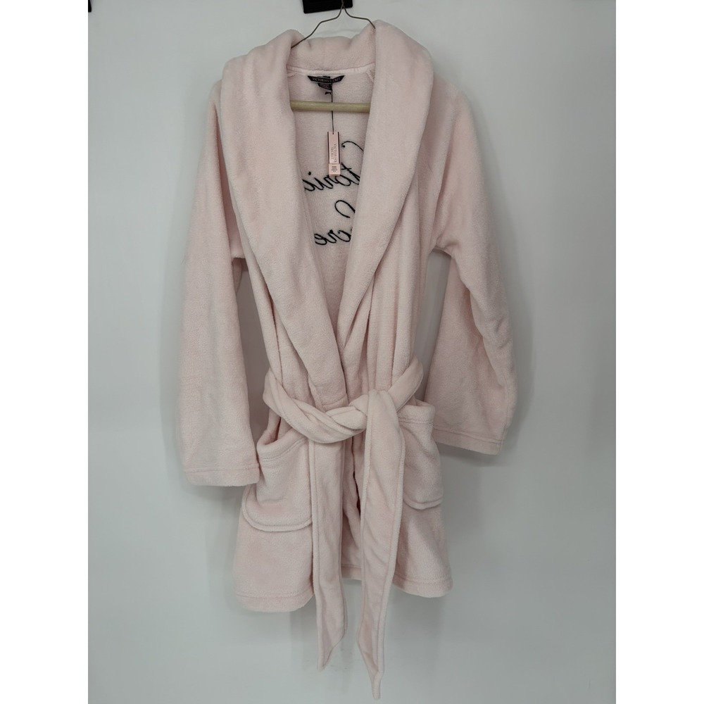 NWT VICTORIA'S SECRET LOGO SHORT COZY ROBE size XS/S Pink